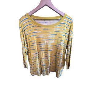 Garnet Hill Yellow Blue Watercolor Striped Boxy T-shirt 3/4 Sleeve Size Large Or